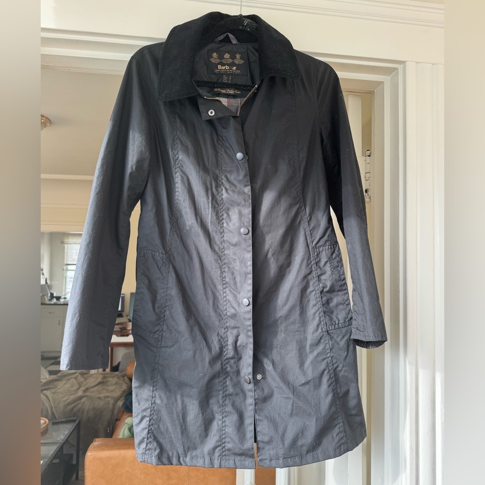Barbour Womens Size US 4/UK 8 Black Hamshire Tartan Waxed Long Coat